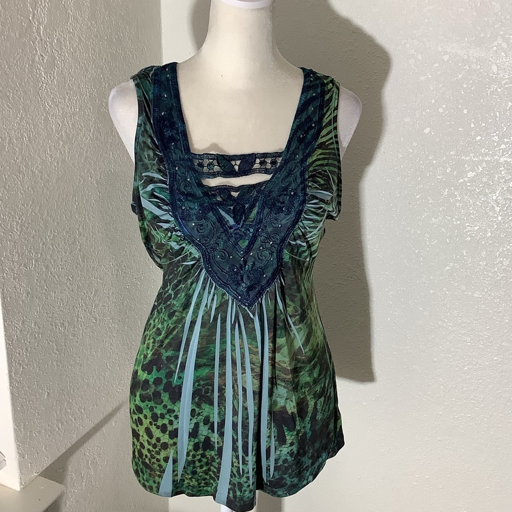 Blue and Green Ruffled Embellished BOHO Flowy Top